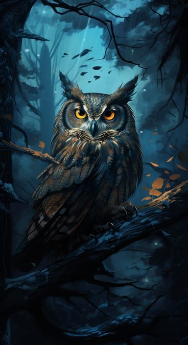 Owl in Night Forest: Gothic Realism Style