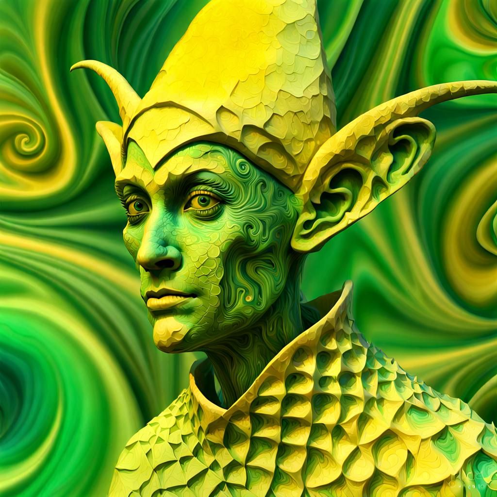 yellow Jester elve in 3D fractal/mendelbrot, yellow and green pale complementary colours, porcelain texture, marble text...