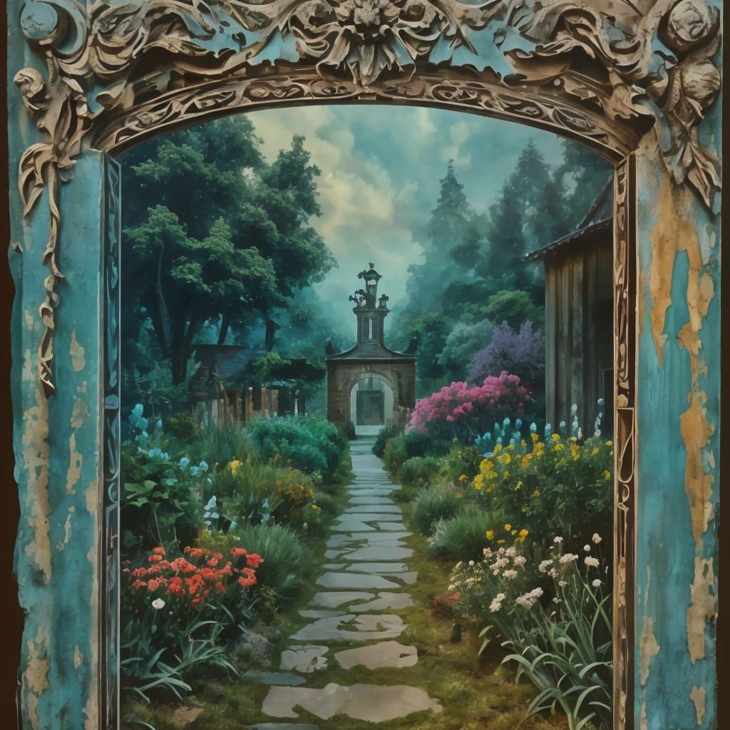 Rustic Garden Gate in Linocut Style