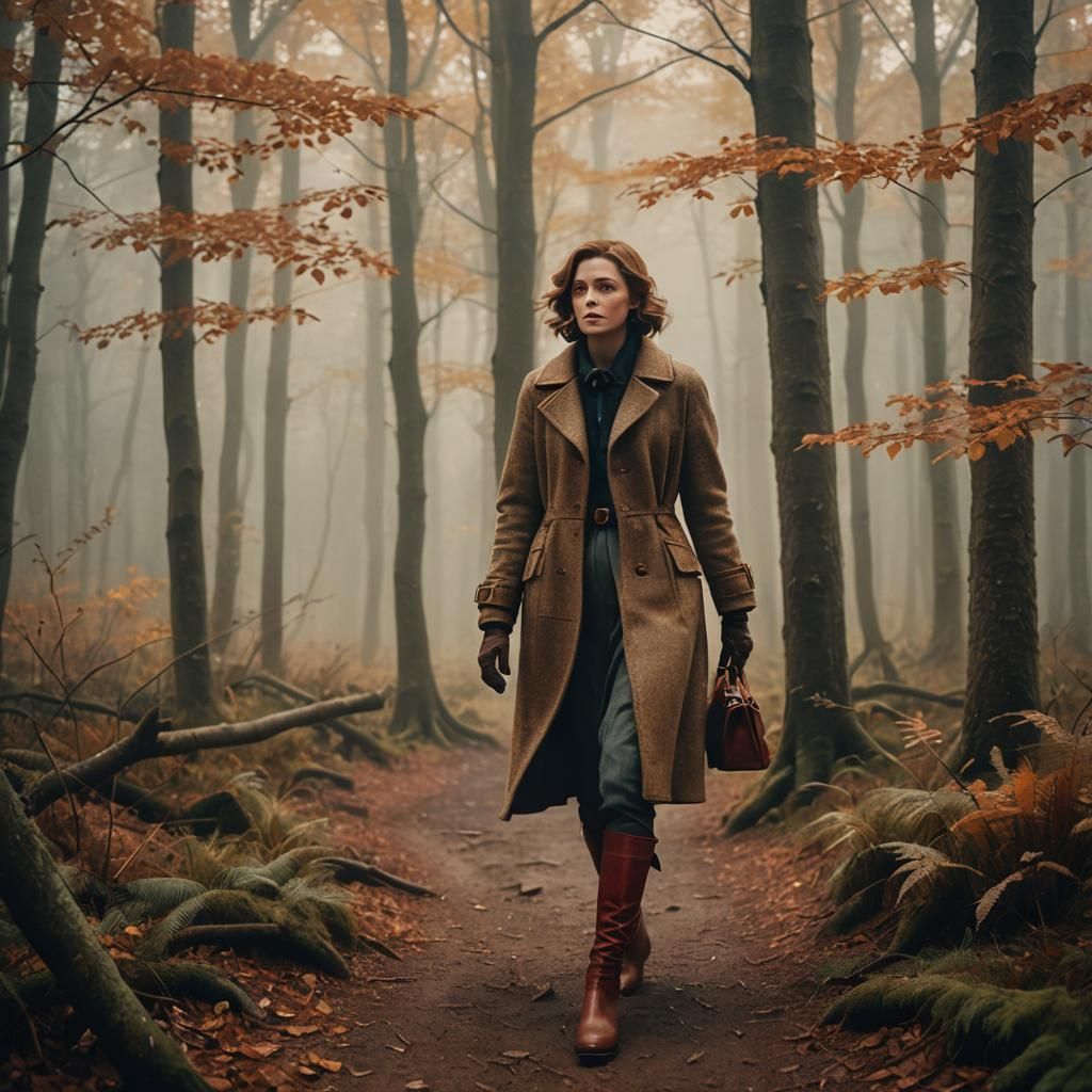 Woman in Tweed Walking Through Misty Autumn Forest