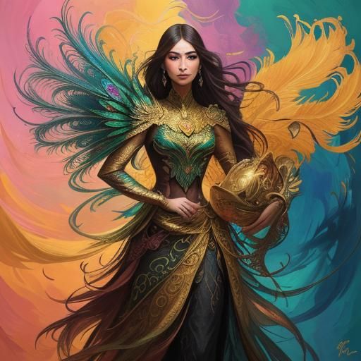 Dragon Peacock Woman in Abstract Expressionist Style