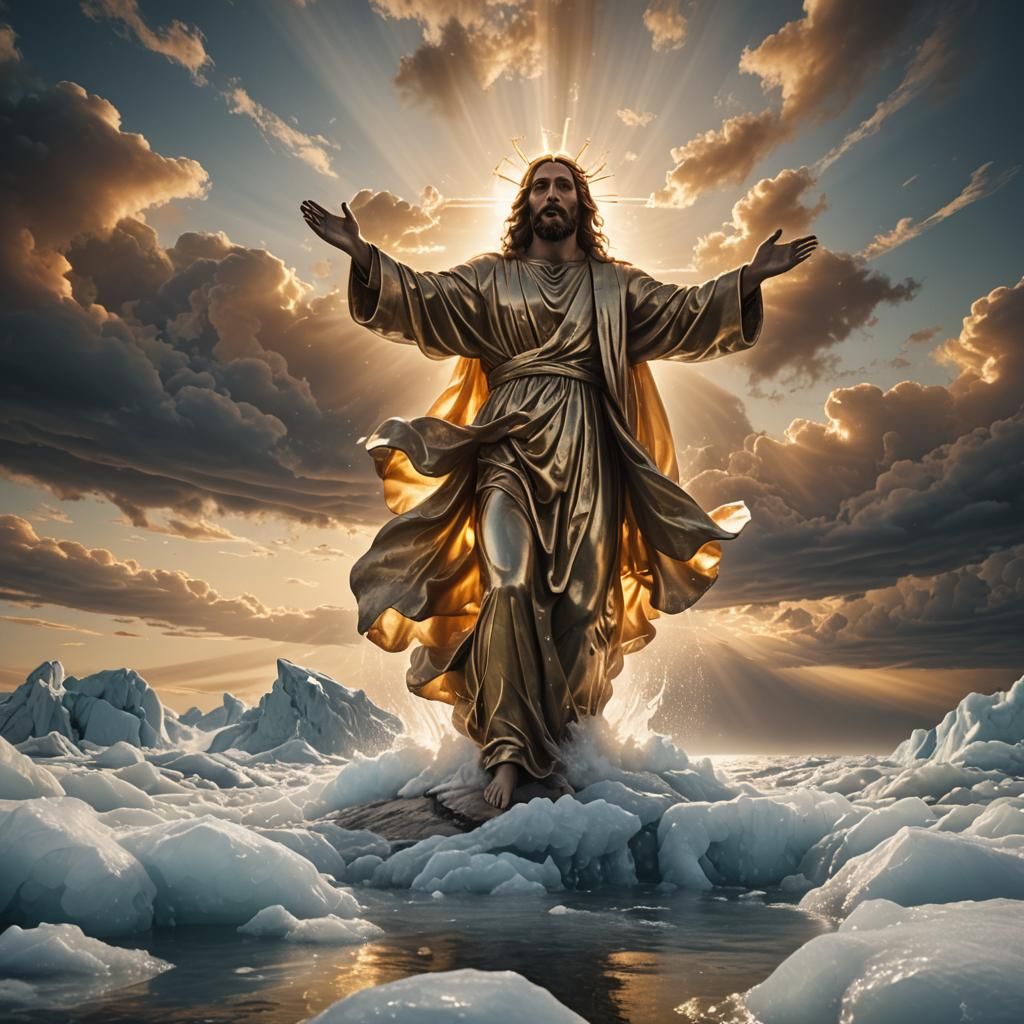 Surreal Christ Figure Descends on Icy Sea