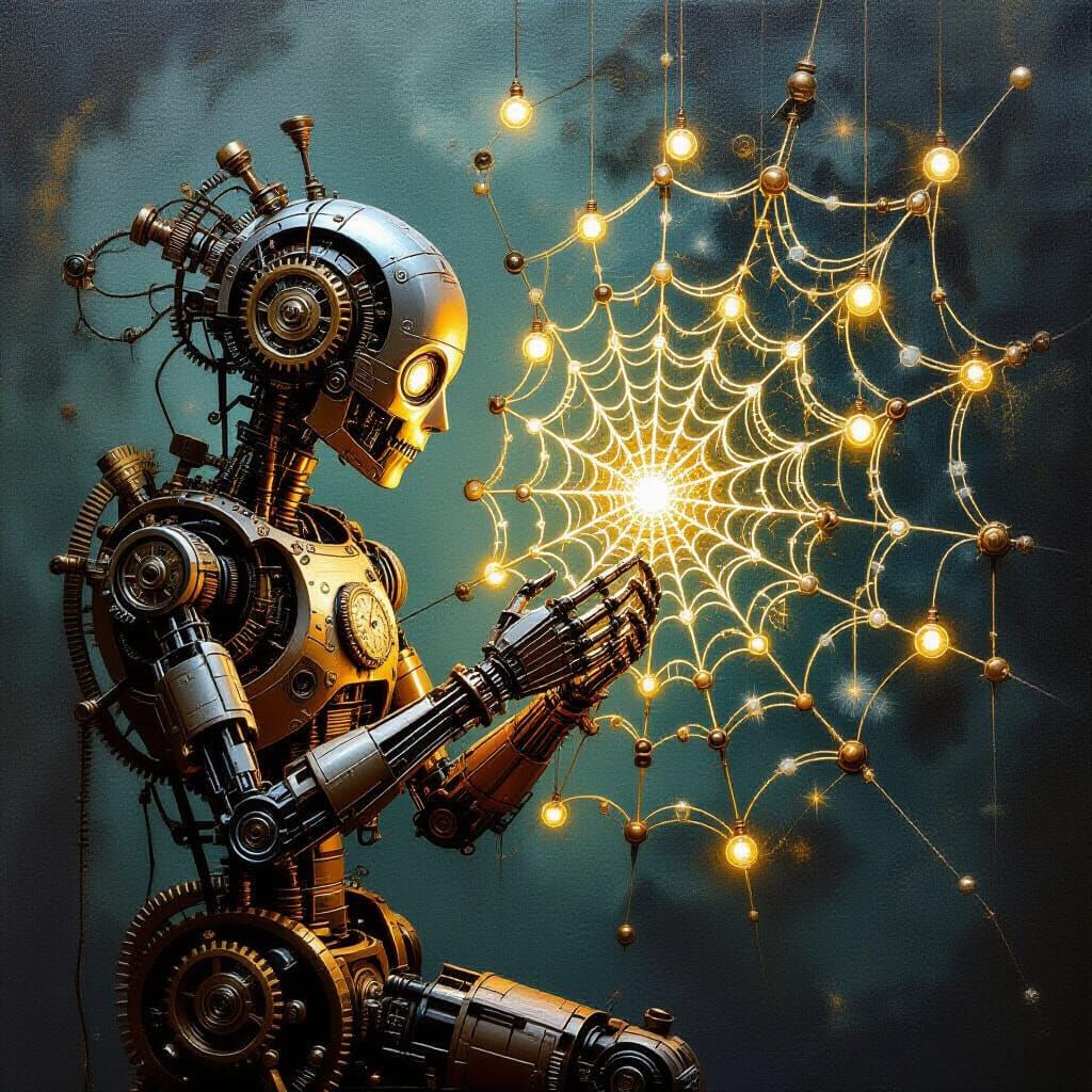 Steampunk Automaton Weaves Luminous Celestial Web