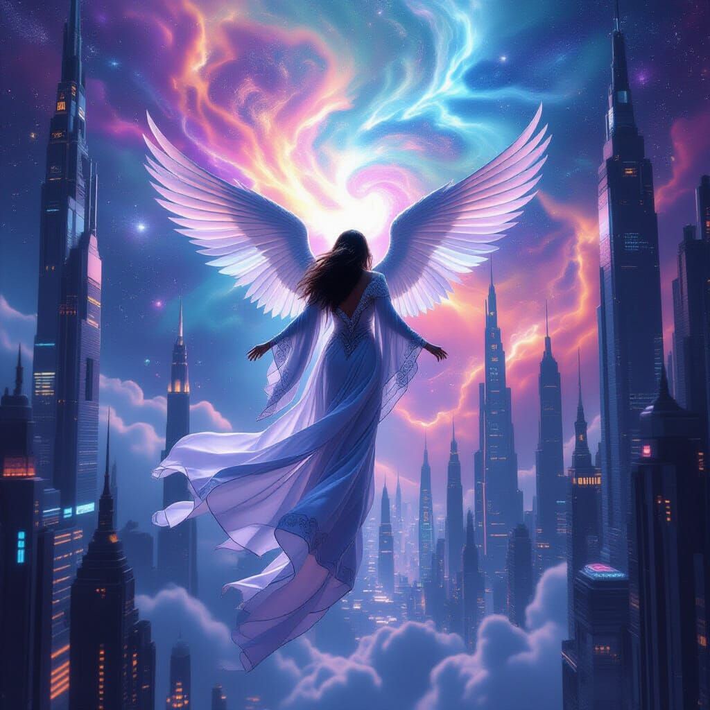 Angelic Figure Descends on Futuristic City in Cinematic Styl...