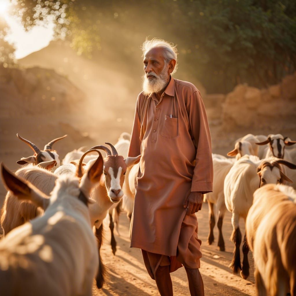 Elderly Indian Man Herding Goats: National Geographic Style
