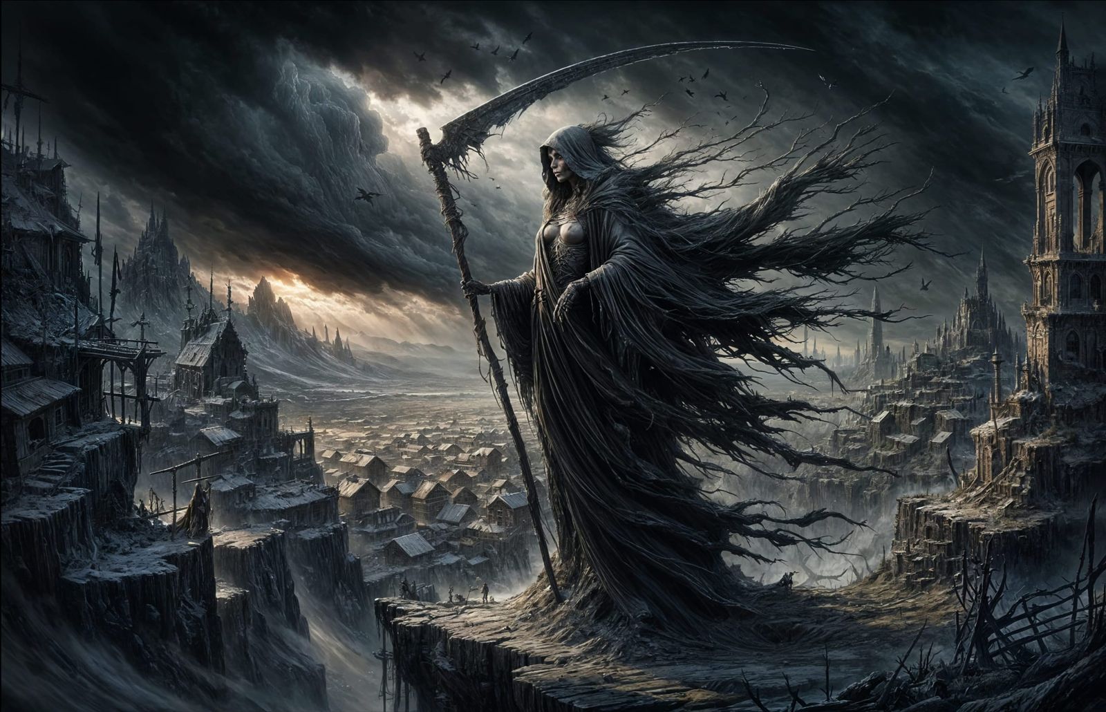 Death as a Woman on a Cliff Overlooking a Village