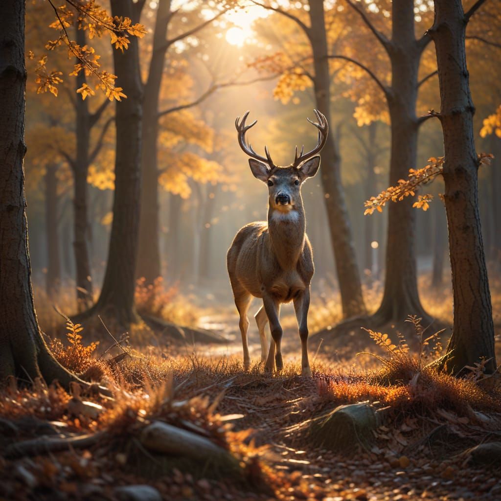 Deer Leaping Through Autumn Forest at Sunset, Photorealistic...