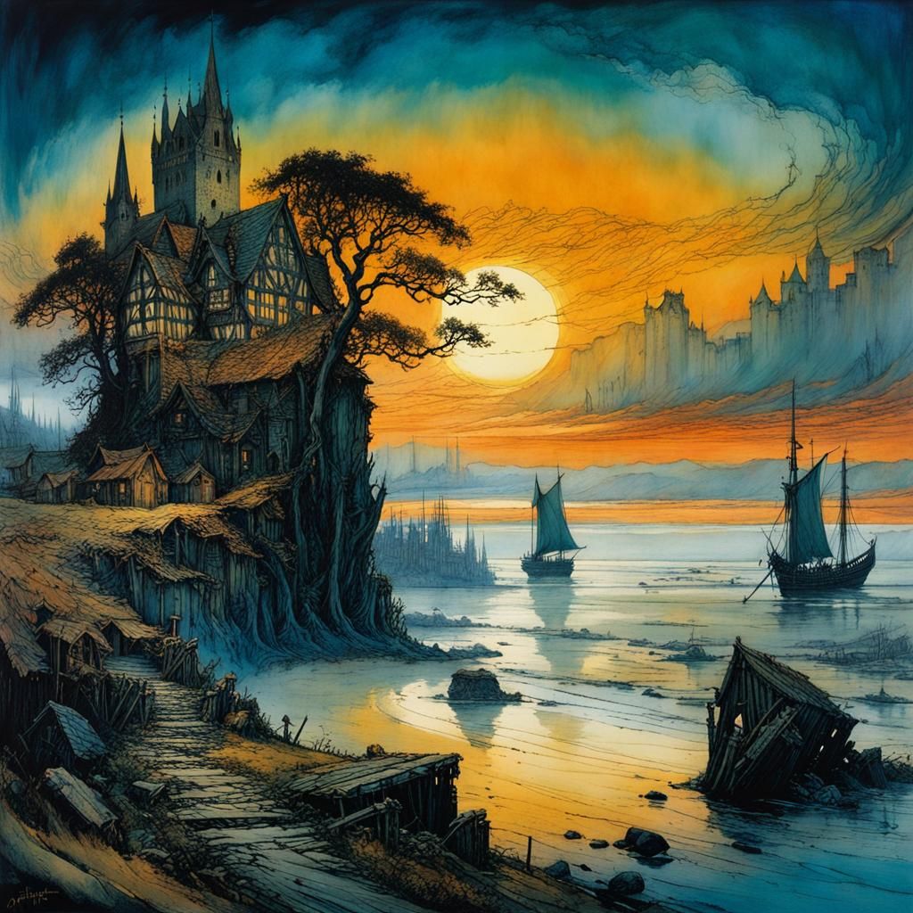 Whimsical Medieval Village at Night in Deep, Mysterious Colo...