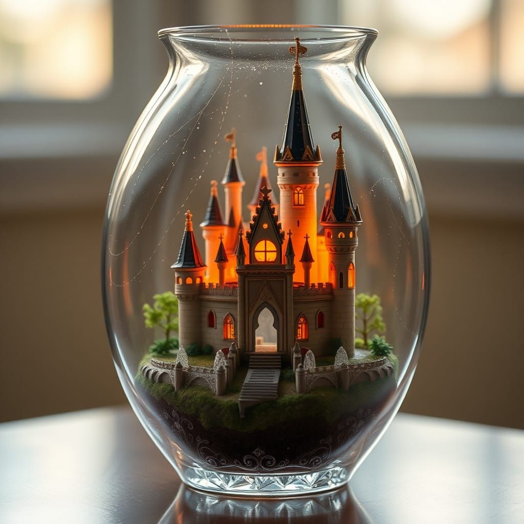 Fantasy Castle in Ornate Glass Vase