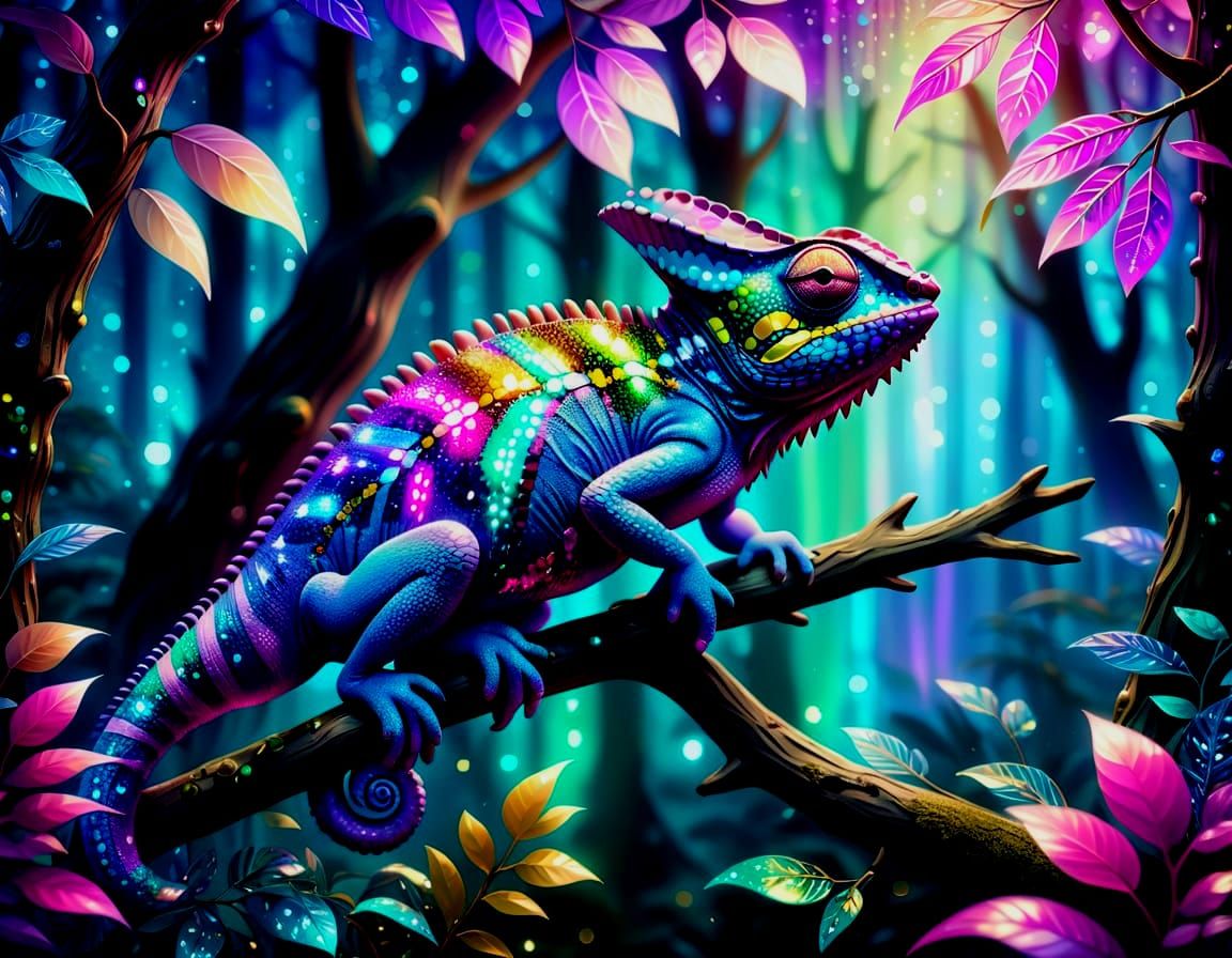 Vibrant Sequin Forest with a Colorful Chameleon