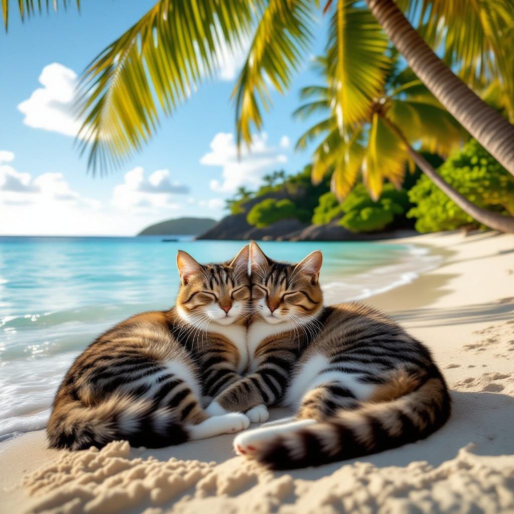 Majestic Cats Cuddle on Lush Tropical Island