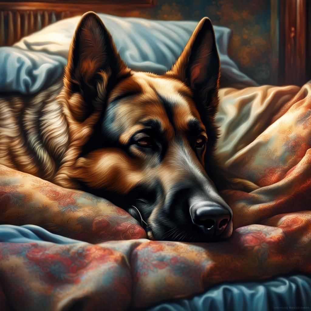 Resting German Shepherd in Hyperrealistic Splash Art
