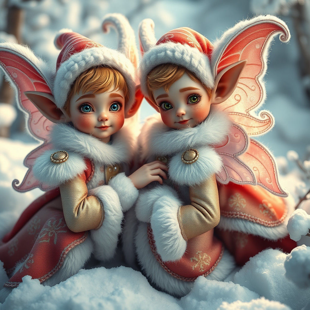 Whimsical Elves in Winter Wonderland, Digital Painting