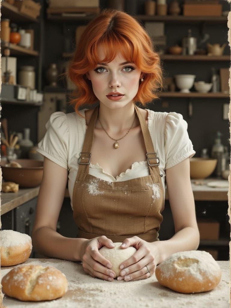 1500s Redhead Baker Kneading Dough in Bustling Kitchen