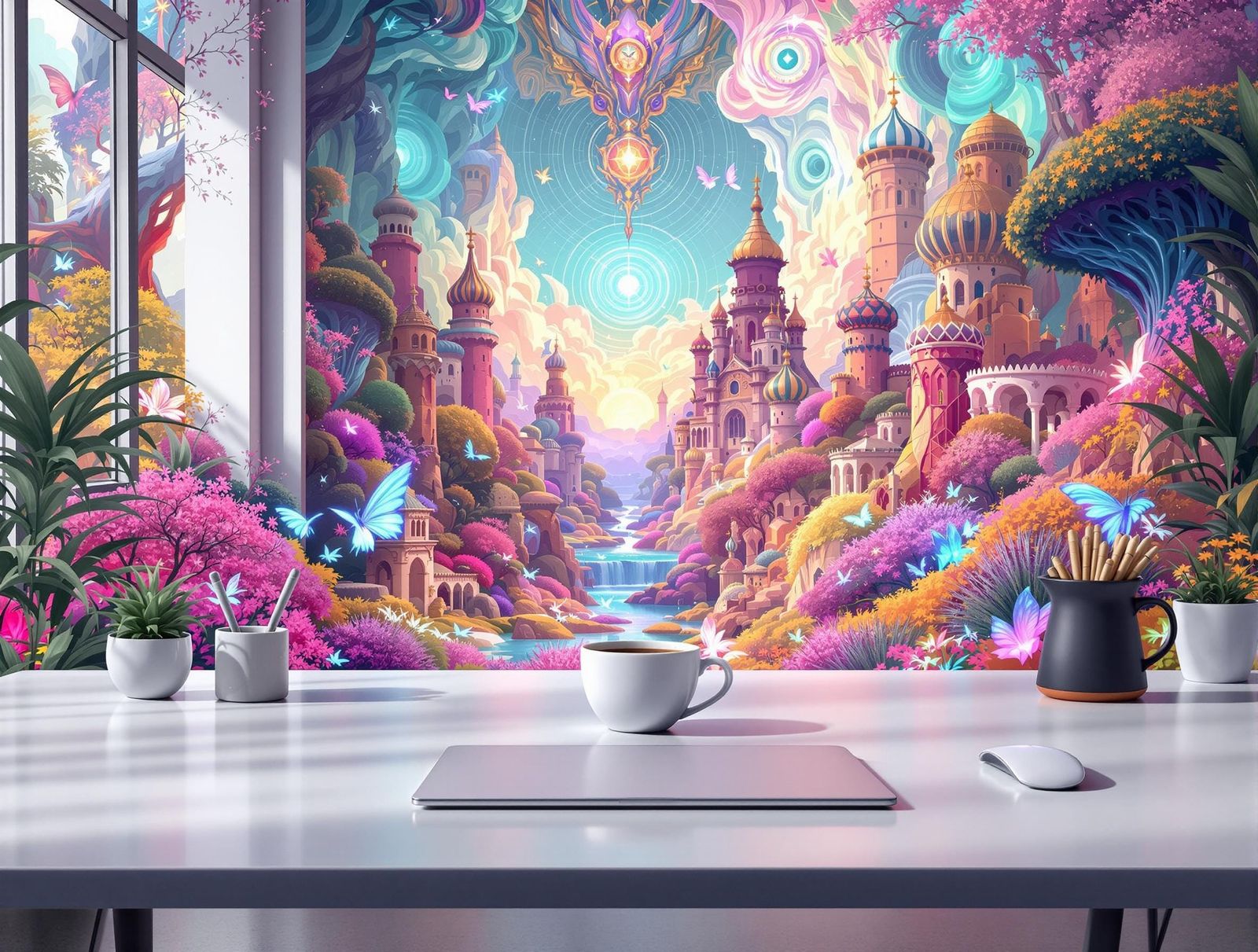 Minimalist Office Scene with Coffee Cup in Fantasy Style