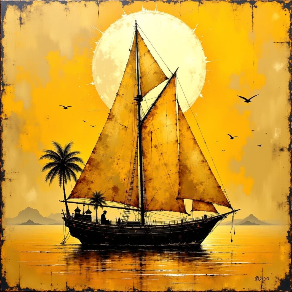 Golden Sailboat with Middle Eastern Silhouettes as Impasto P...