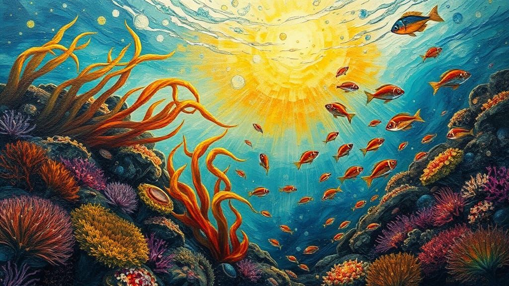 Coral Reef Impressionism: Golden Light Through Kelp