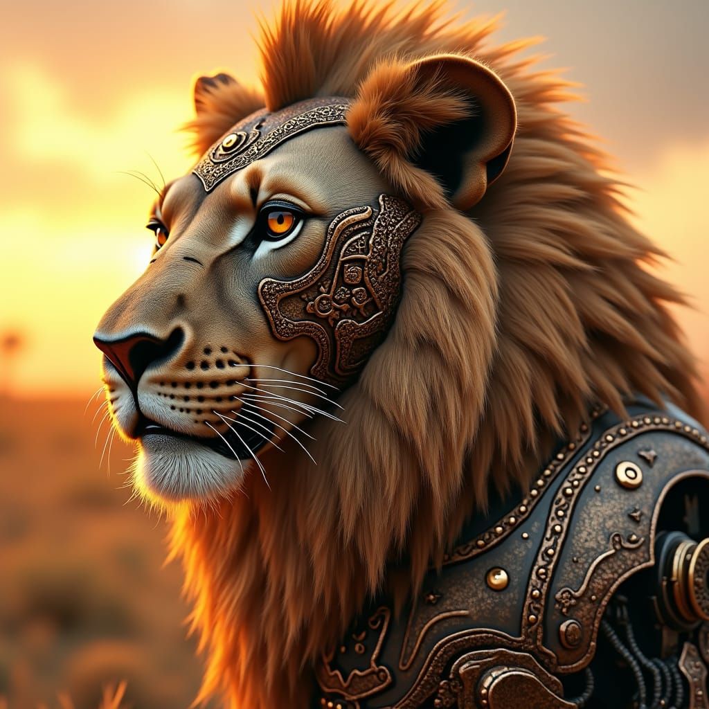 Mechanical Lion with Copper Filigree in Steampunk Style