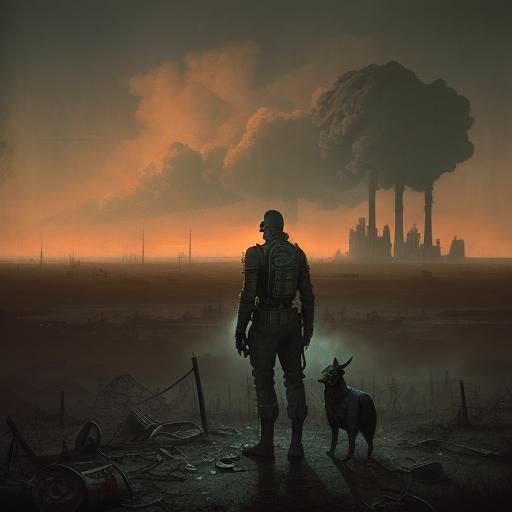 Post-Apocalyptic Survivor and Dog in Industrial Wasteland
