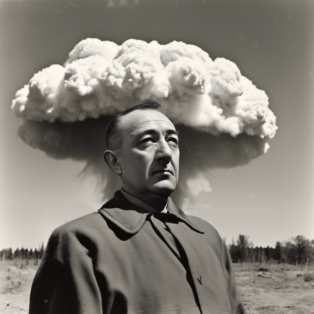 Oppenheimer Portrait with Nuclear Cloud Backdrop