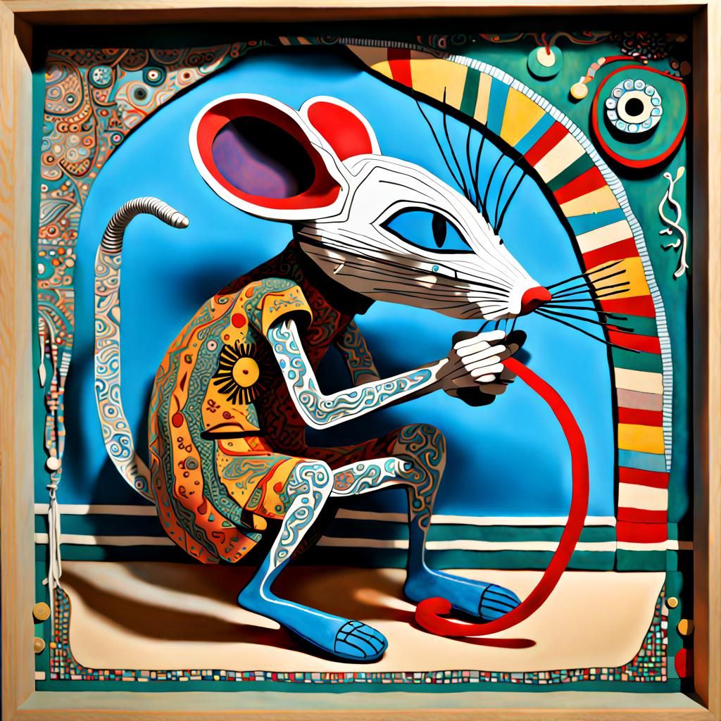 Whimsical Mouse Tying Shoelaces in Folk Art Style