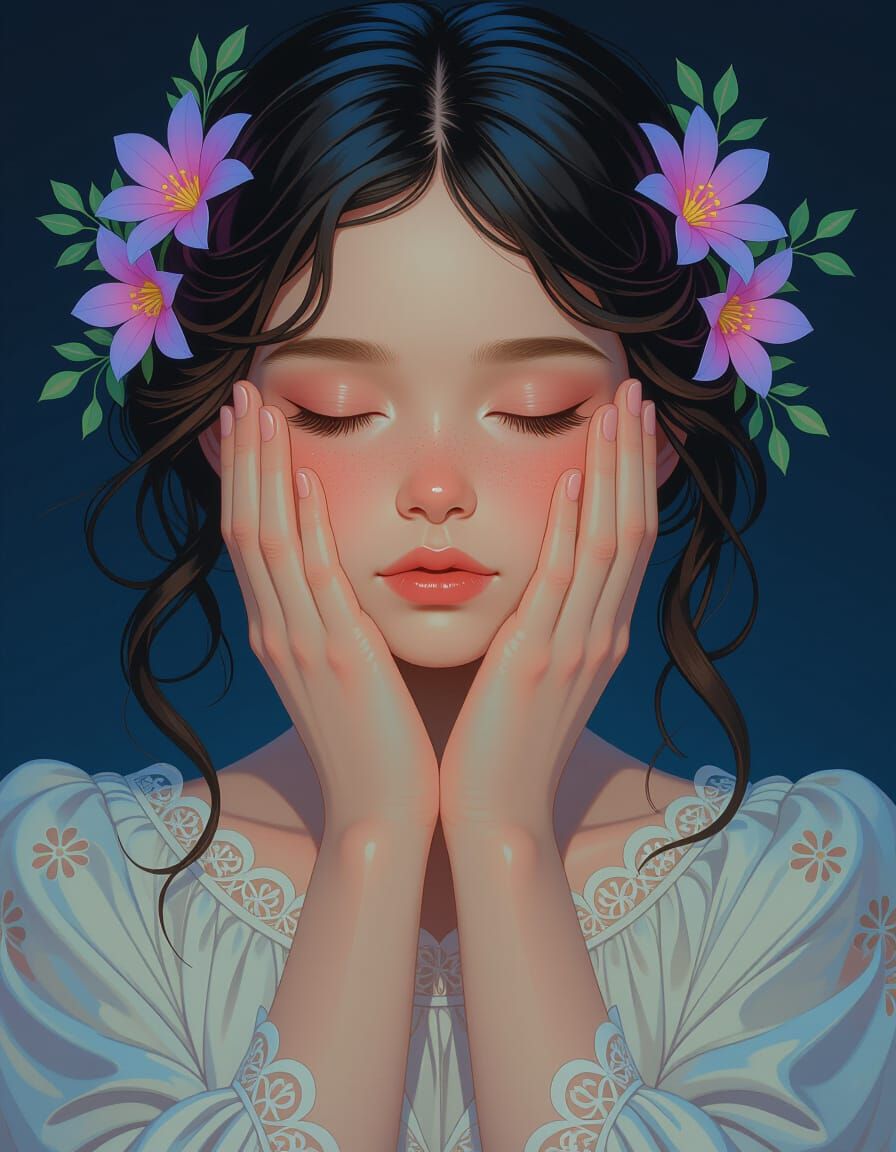 Glowing Hands Frame Girl's Face: Art Nouveau