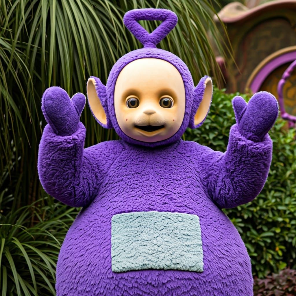 Humorous Image: Overweight Teletubby at Willy Wonka's