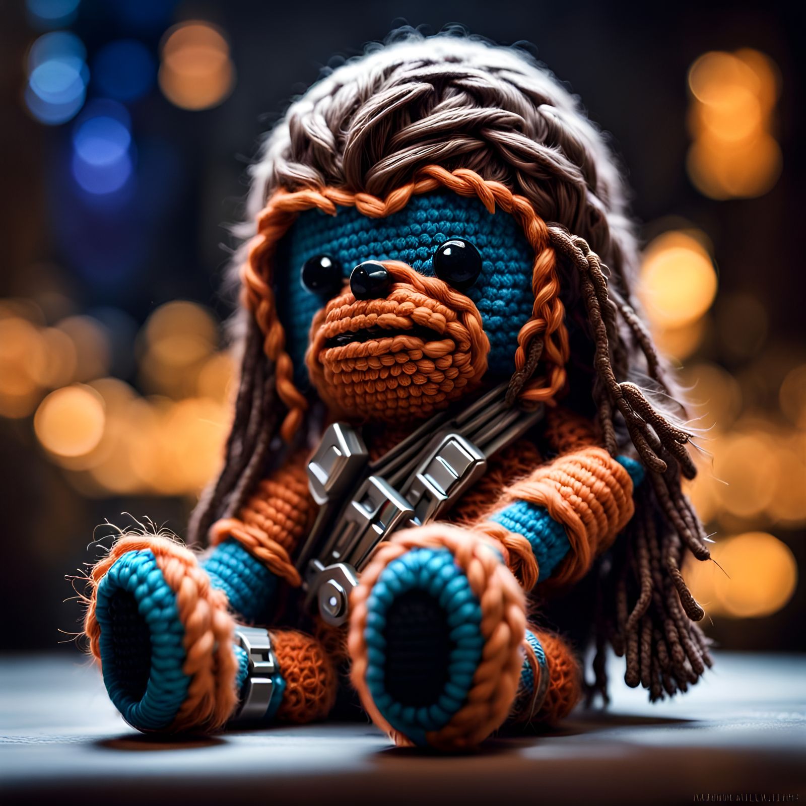 Crocheted Wookiee in a Maximalist Night Scene