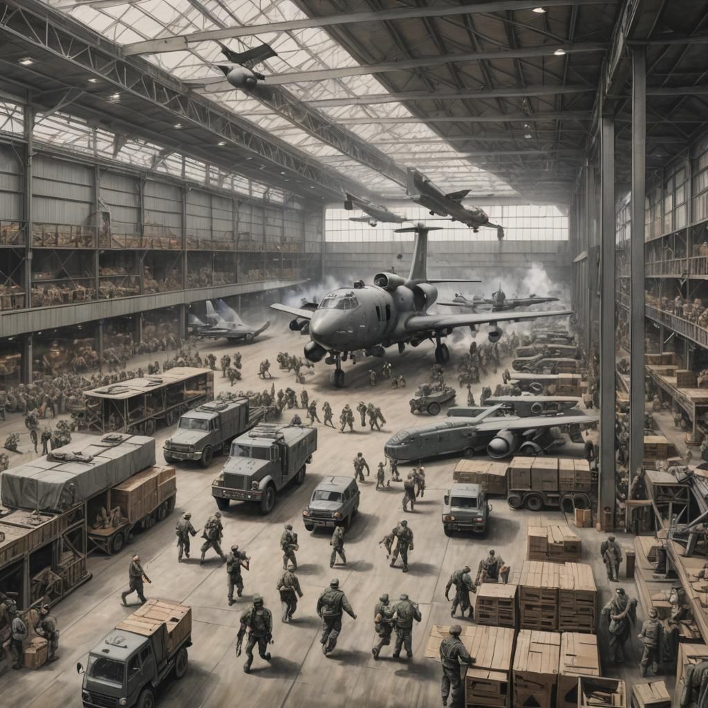 Military Training in Warehouse, Charcoal Drawing