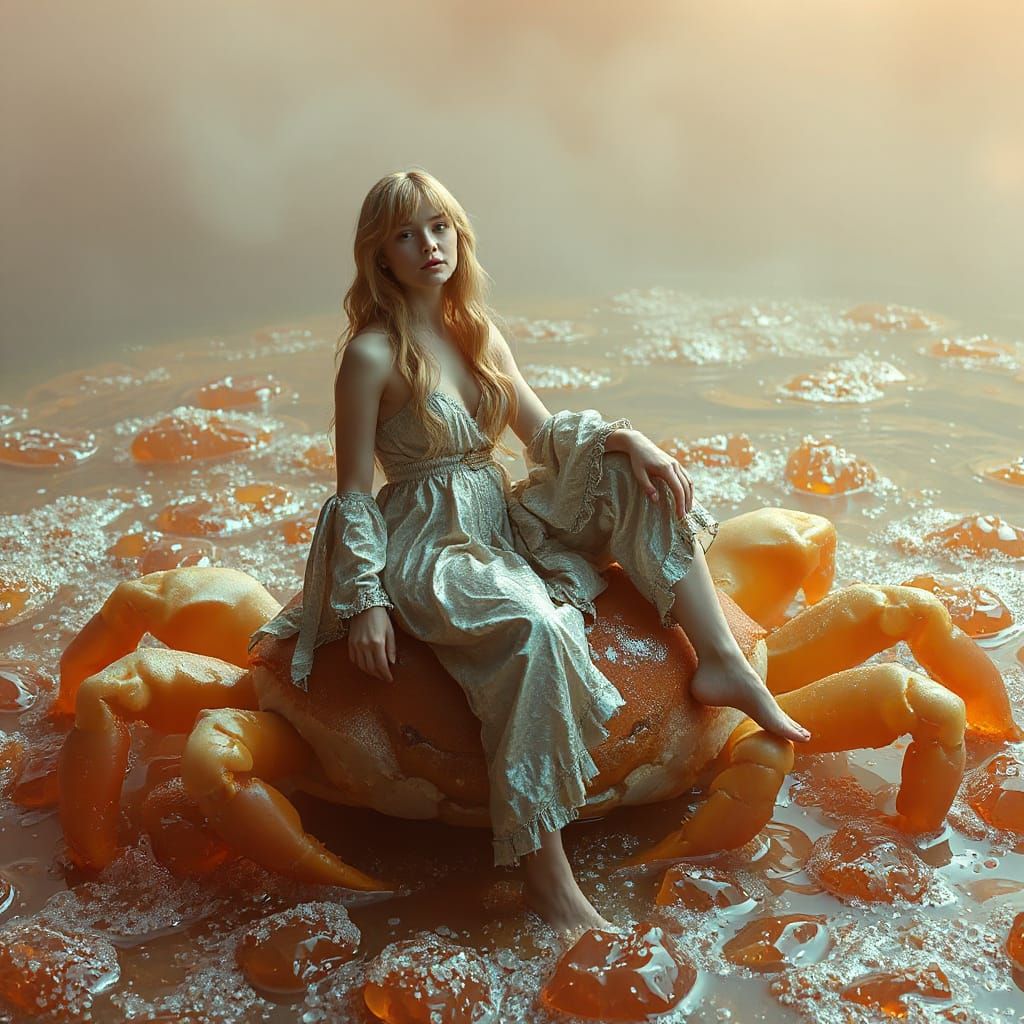 Golden-Haired Woman on Gummy Crab in Soda Sea