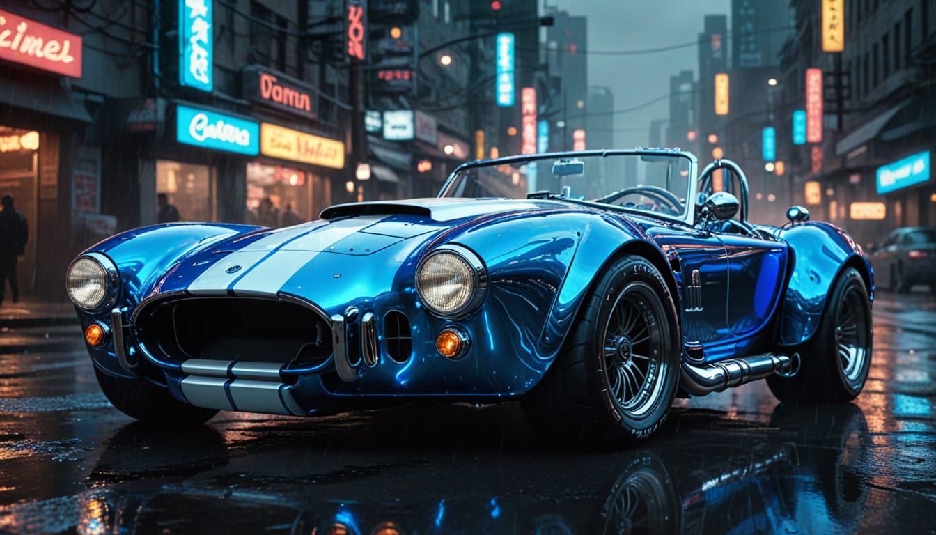 Cyborg Driving Shelby Cobra in Cyberpunk Cityscape