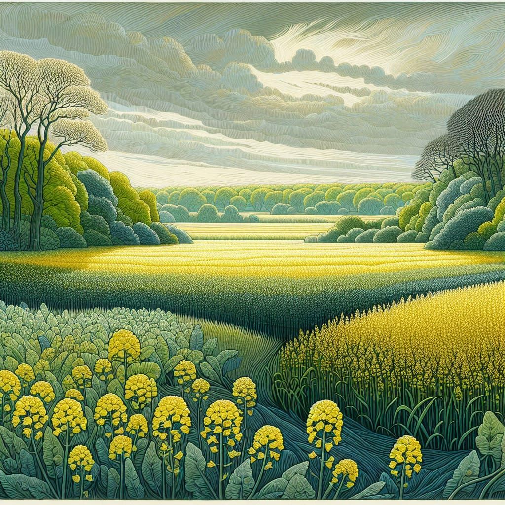 Lush Countryside in Linocut Style Illustration