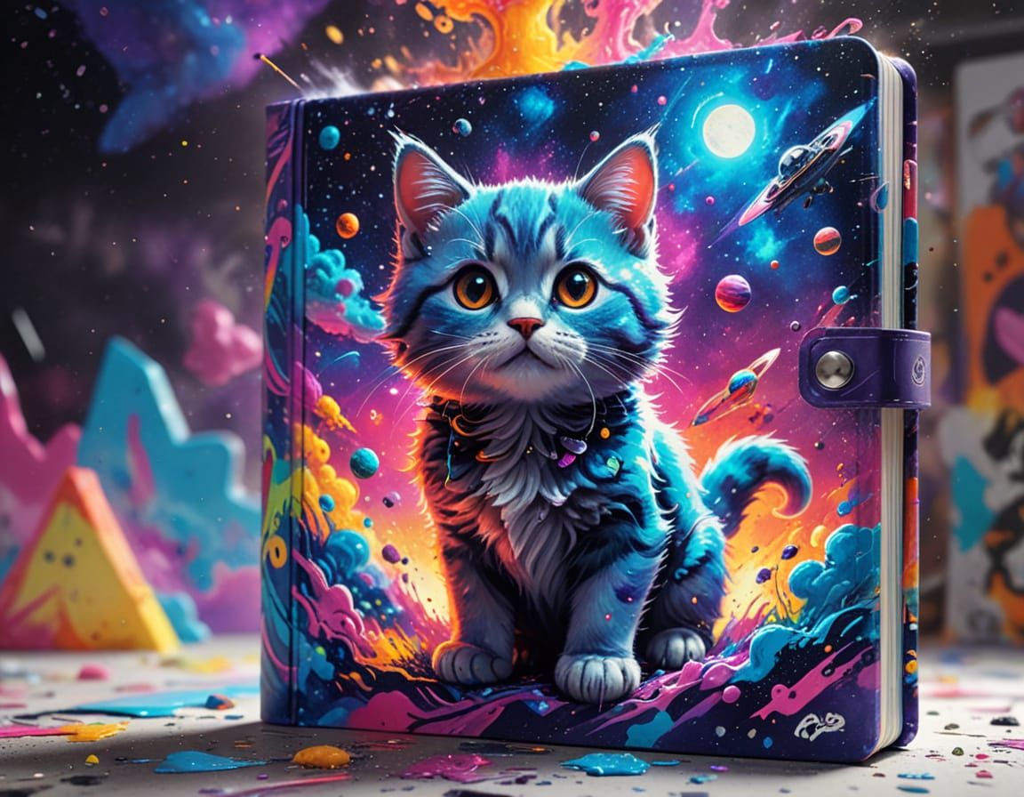 Vibrant Space Kitten Collage in Lisa Frank Style