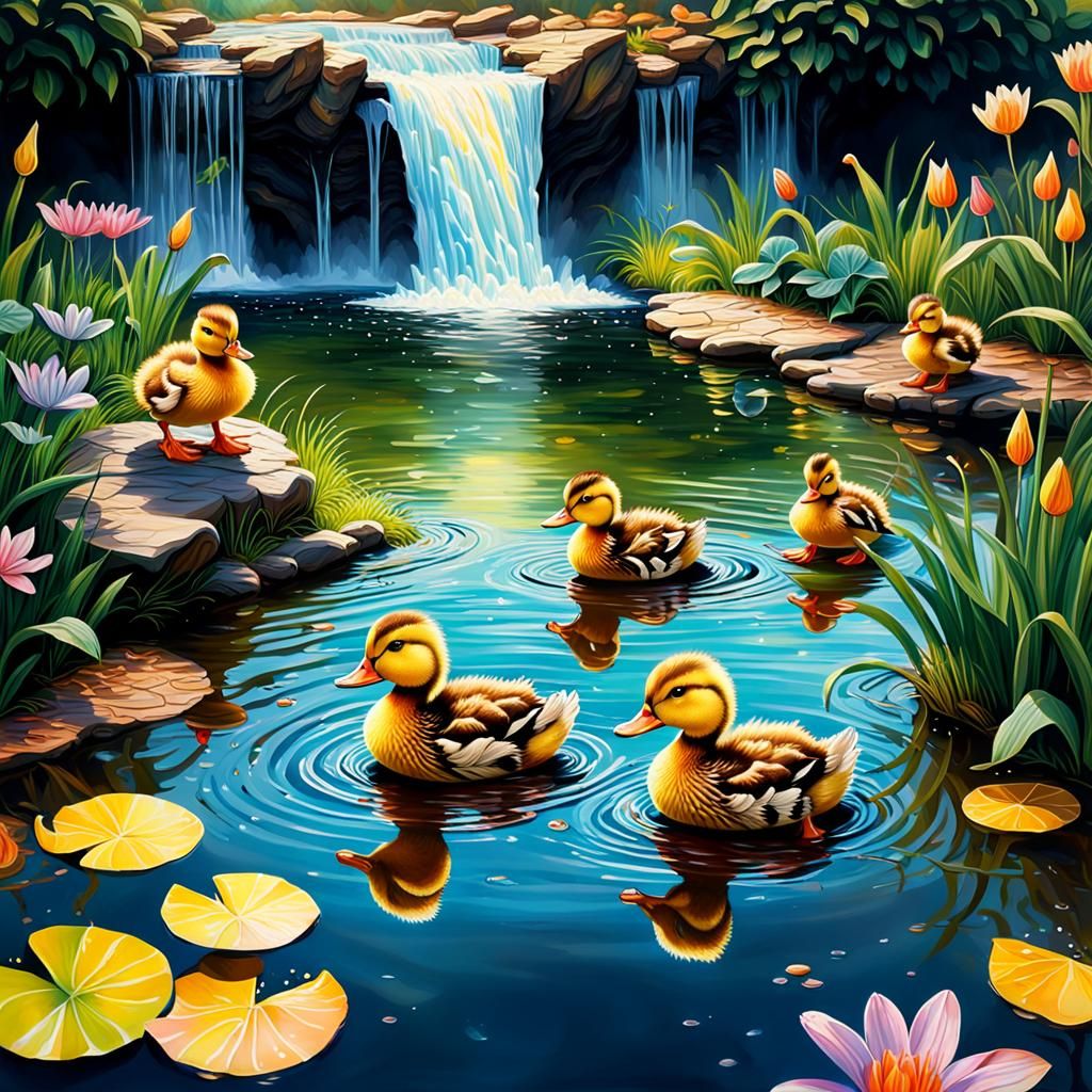 Detailed Ducklings by Waterfall in Magical Garden