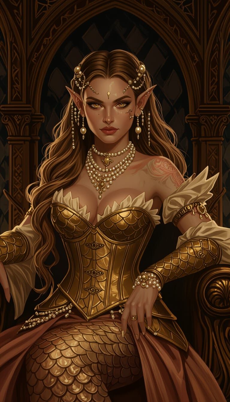 Fantastical Orc-Mermaid Queen on Ornate Throne