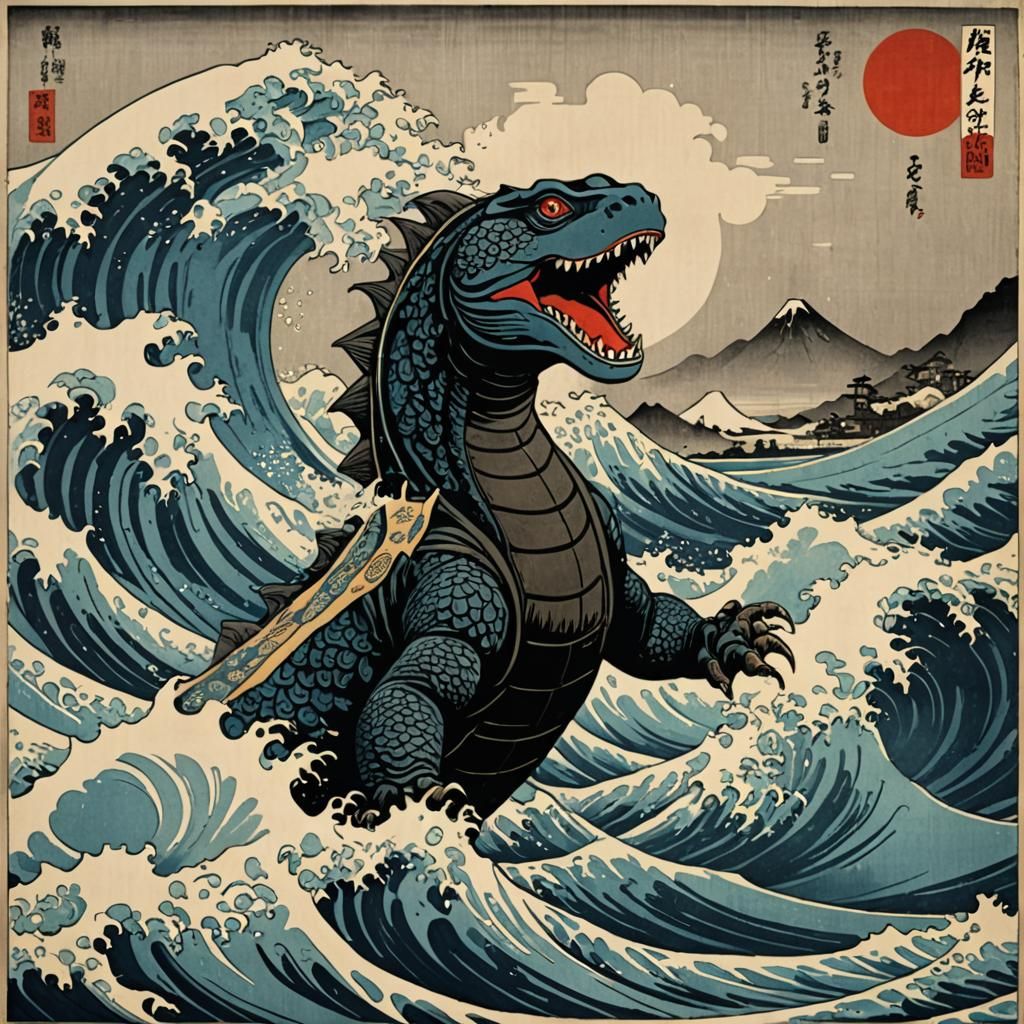 Japanese Woodblock Print: Ocean Kaiju