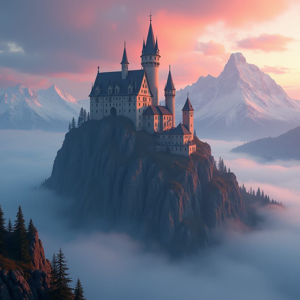 Mystical Castle on Mountain Peak, Fantasy Concept Art