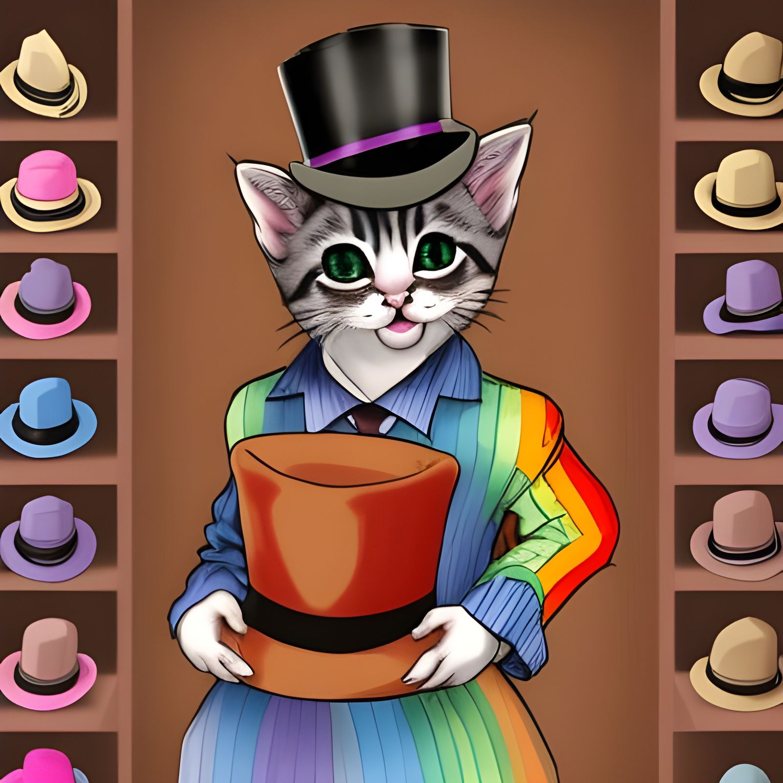 Cartoon Kitten Person in a Rainbow Suit