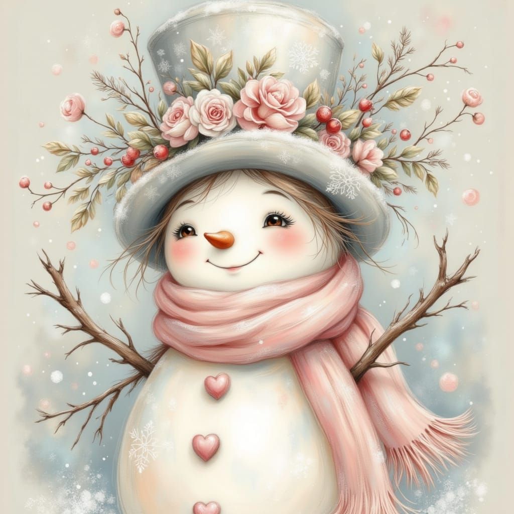 Cute Snowman in Pink Scarf and Festive Hat