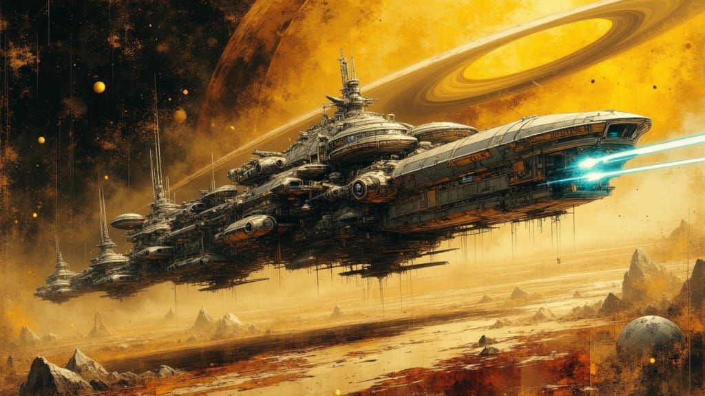 Space Dreadnaughts Guard Ringed Planet: Sci-Fi Art