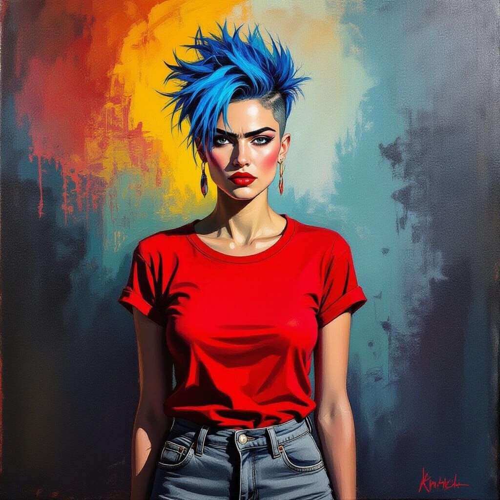 Vibrant Mohican Woman Portrait in Surreal Expressionist Styl...
