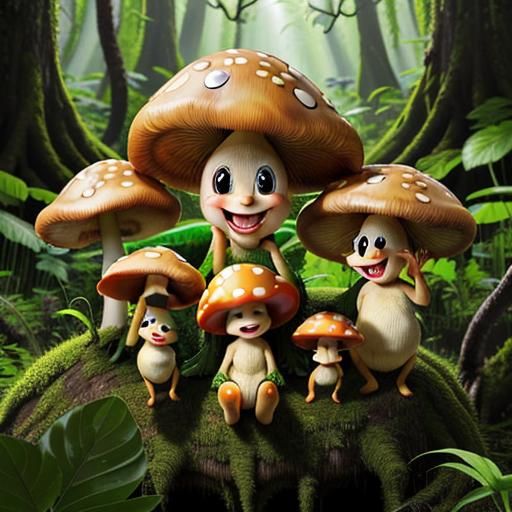 Anthropomorphic Mushrooms in Lush Forest, Macro Photograph