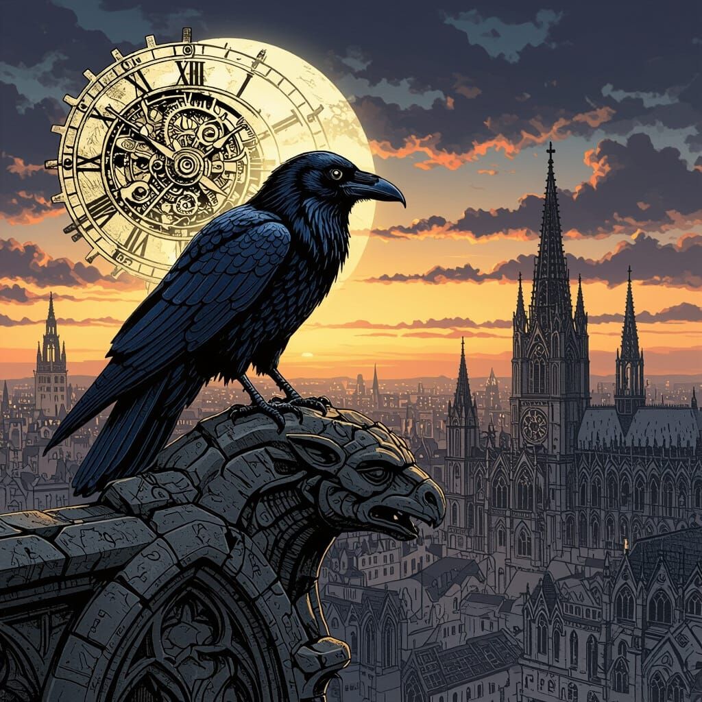 Clockwork Raven on Gargoyle in Gothic City