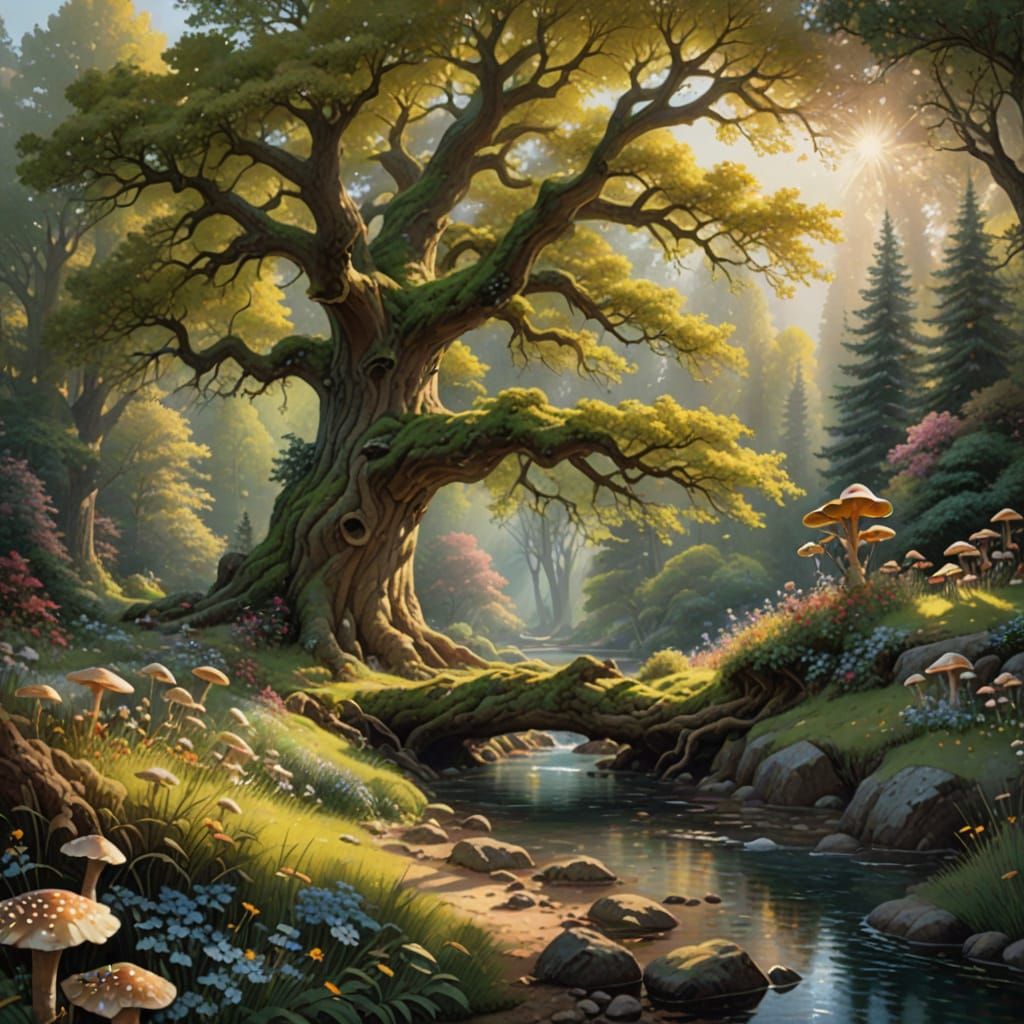 Majestic Oak in Serene Forest Sanctuary