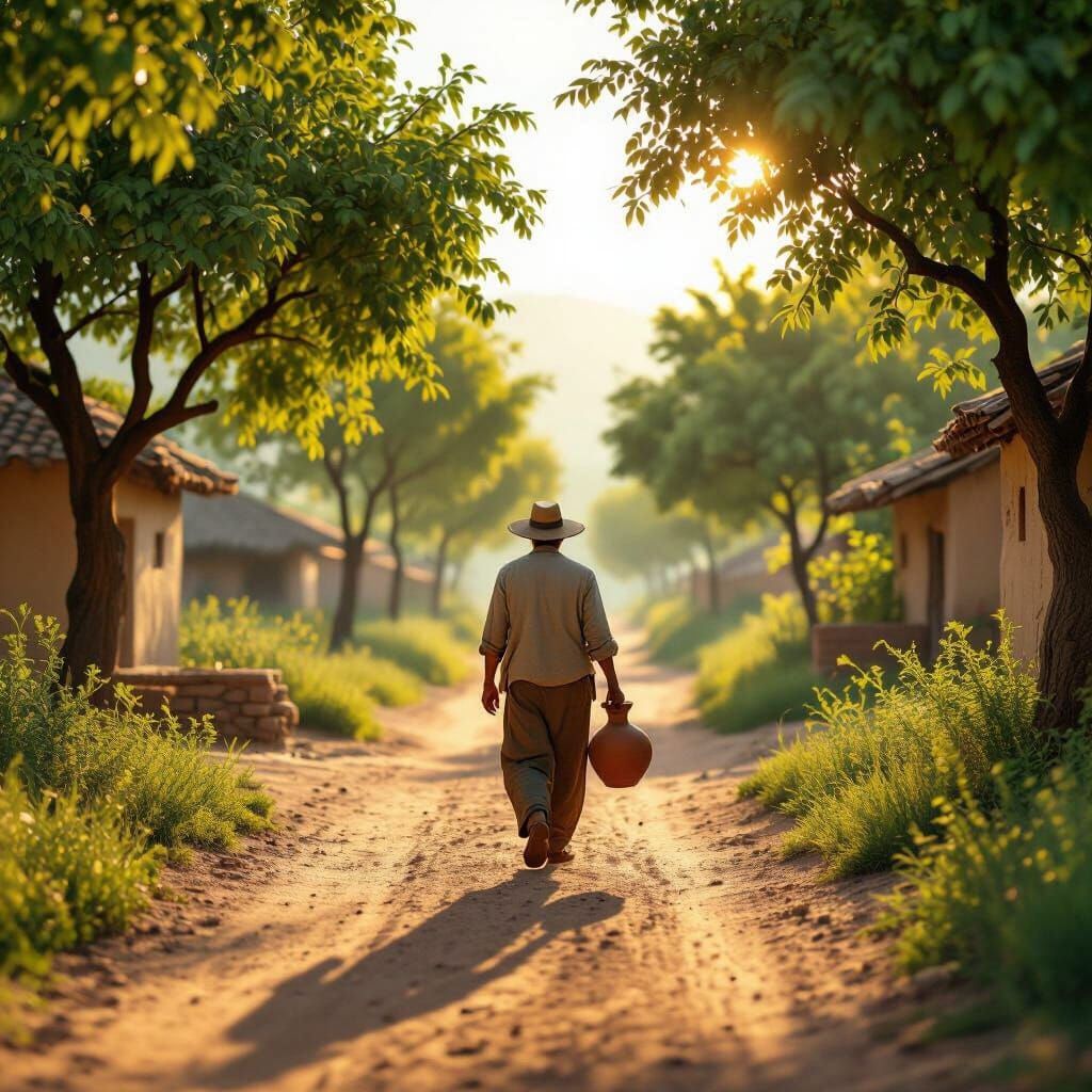 Farmer Walks to Well in Warm Sunlight