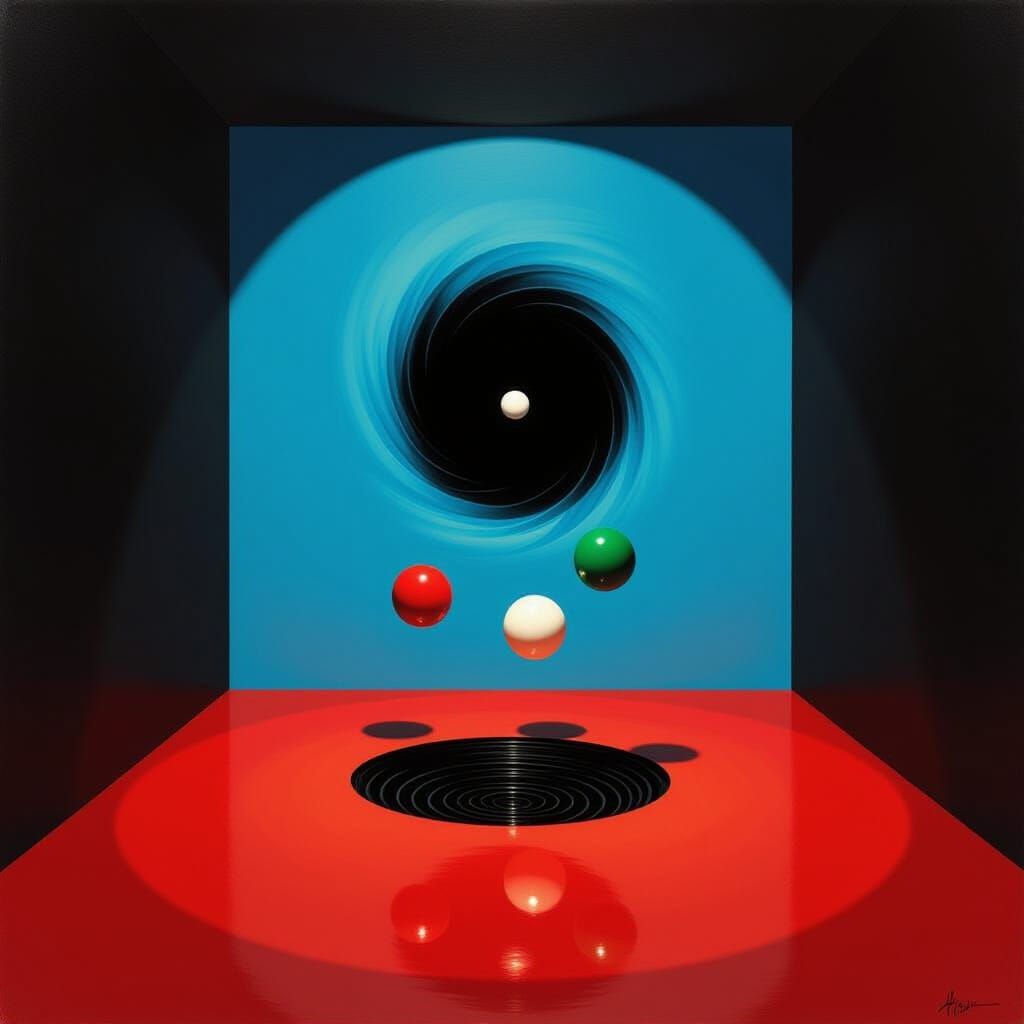 Surreal Digital Painting of Falling Balls and Black Hole