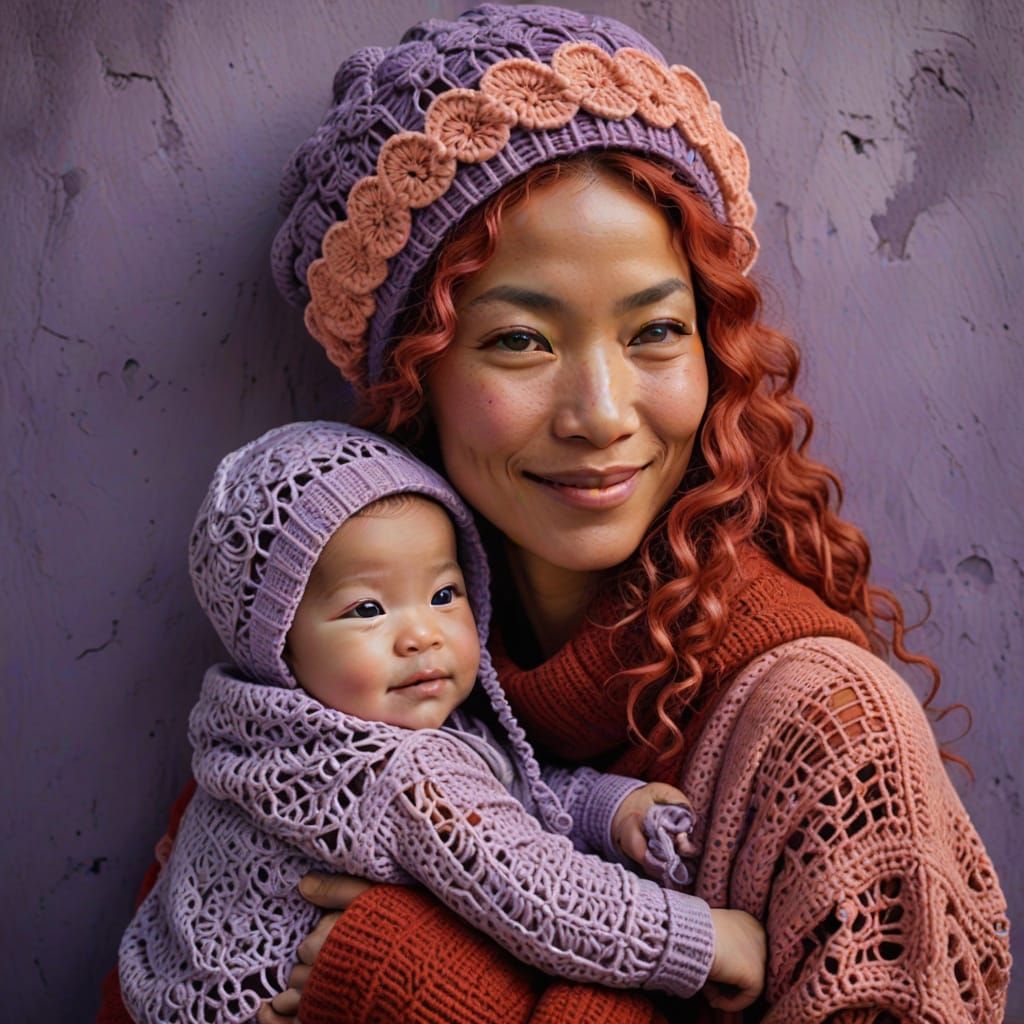 Boho Punk Woman with Baby in Biomorphic Crochet Bonnet
