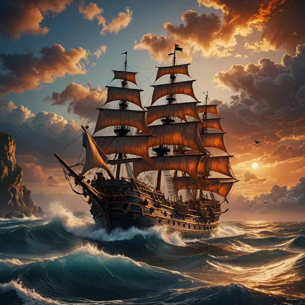 Majestic Pirate Ship on Fiery Seascape