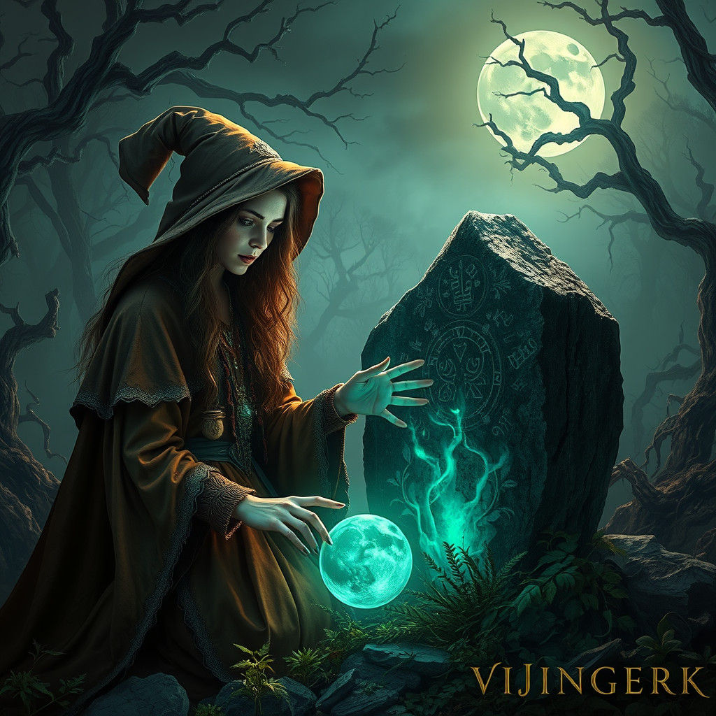Mystical Witch Gathering Herbs by Glowing Stone