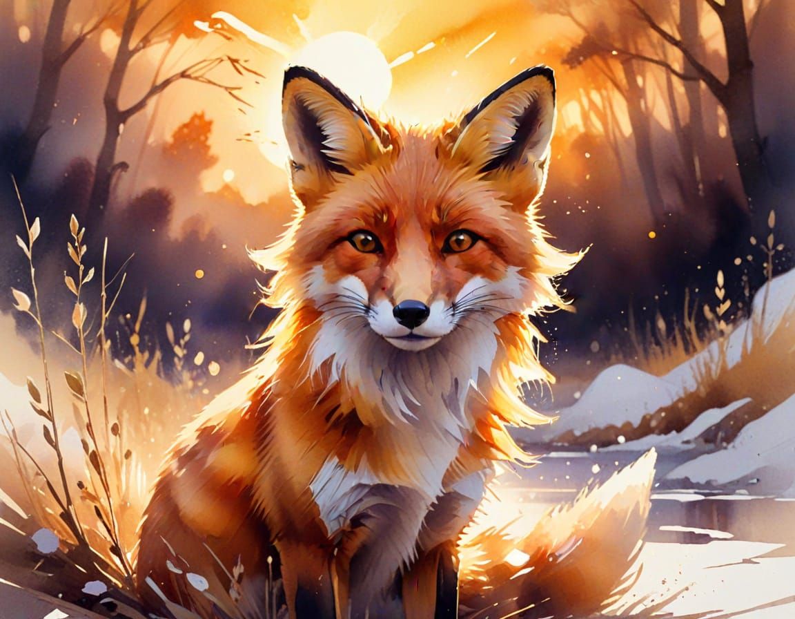 Relaxed Fox in Sunset Scene with Watercolour Techniques